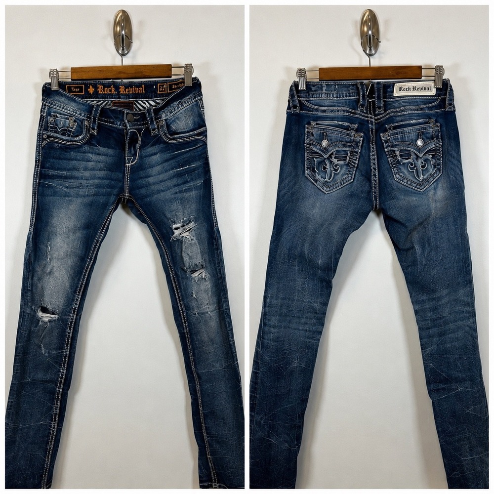 Rock Revival Taye Straight Jeans Distressed Bling Medium Wash Sz 27 Y2K Denim